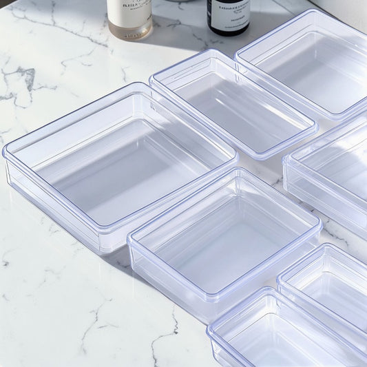 Basey Clear Acrylic Drawer Organizers - Modular Stackable Storage Bins - Professional Grade Desk & Makeup Organizer - Set of 6