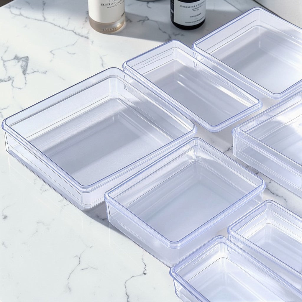 Basey Clear Acrylic Drawer Organizers - Modular Stackable Storage Bins - Professional Grade Desk & Makeup Organizer - Set of 6
